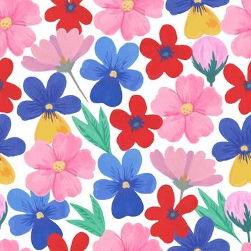 Colorful seamless pattern with cute hand-drawn floral elements in retro sty.. Stock Illustration