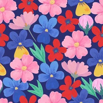 Colorful seamless pattern with cute hand-drawn floral elements in retro sty.. Illustrazione stock
