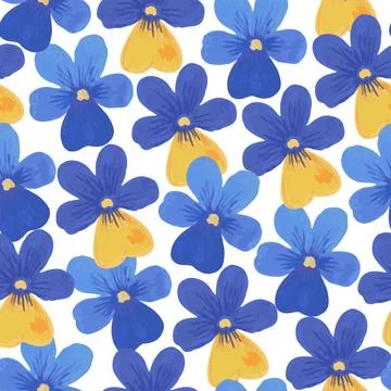 Colorful seamless pattern with cute hand-drawn floral elements of pansy in .. Stock Illustration