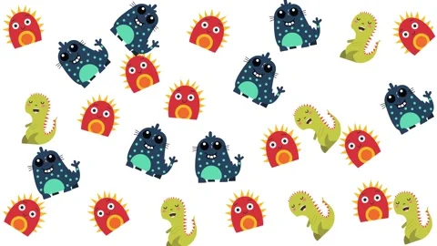 Colorful Seamless Pattern with Cute Little Monsters and Cartoon Aliens on White Video stock 345539444
