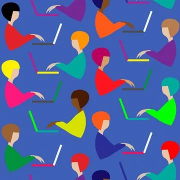 Colorful seamless pattern with different faceless women at the laptop Stock Illustration