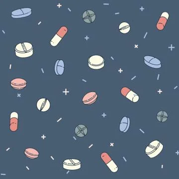 Colorful seamless pattern with different pills and capsules Stock Illustration