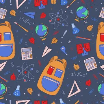 Colorful seamless pattern with different school stationery. Stock Illustration