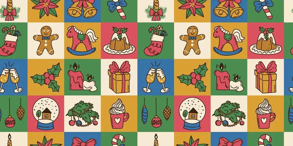 Colorful seamless pattern with doodle elements Merry Christmas in shape square Stock Illustration