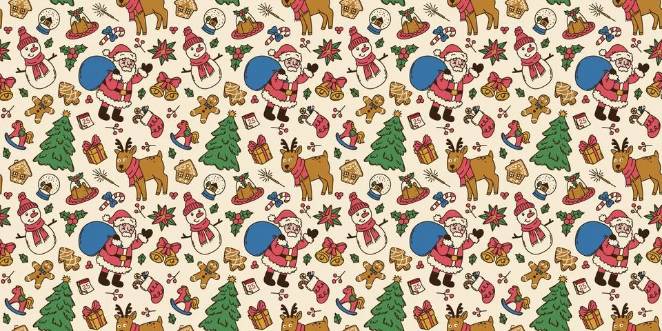 Colorful seamless pattern with doodle elements of Merry Christmas Stock Illustration