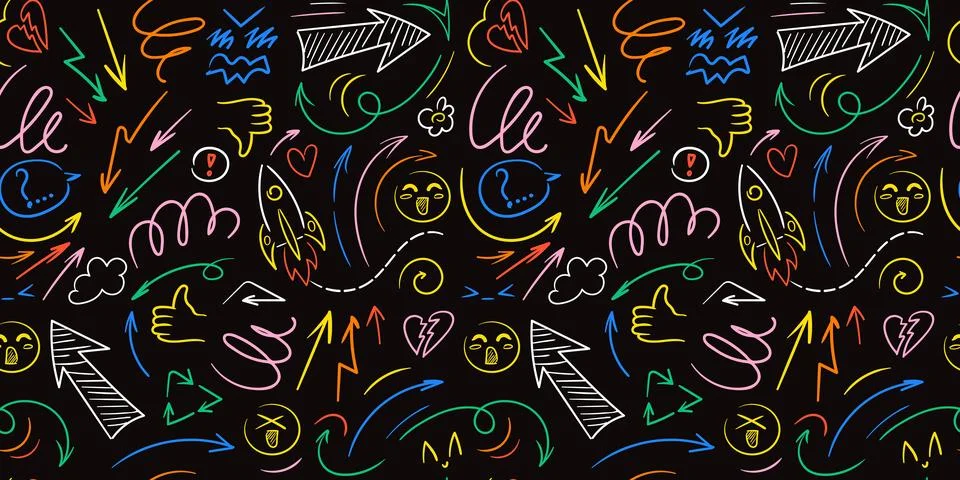 Colorful Seamless pattern Doodle lines, arrows, circles and curves vector 스톡 일러스트