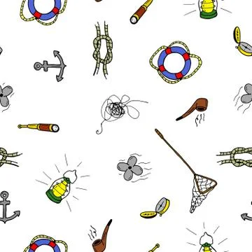 Colorful seamless pattern in doodle style.Hand drawn marine accessories. 库存插图