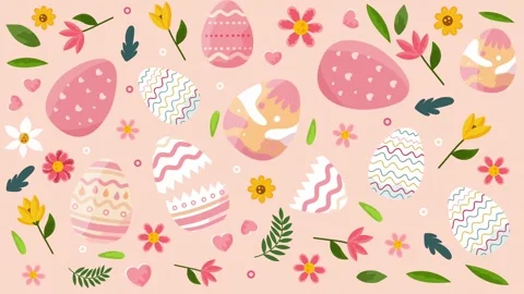 Colorful seamless pattern with easter eggs flowers and green leaves on pink Stock Footage 327518571