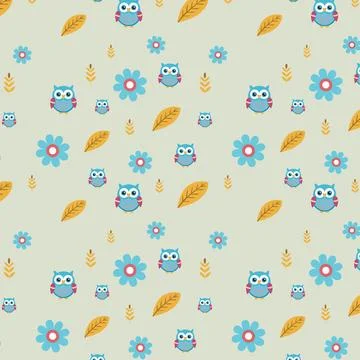 Colorful Seamless Pattern Featuring Whimsical Owls and Floral Elements Stock Illustration