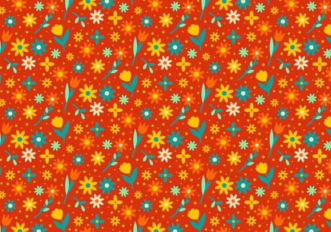 Colorful seamless pattern with flowers on a red background. Stock Illustration