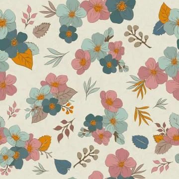 Colorful seamless pattern - flowers in vintage style, spring, cherry, apple t Stock Illustration