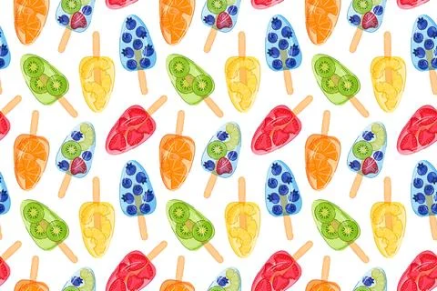 Colorful seamless pattern of fruit popsicle with strawberry, kiwi, blueberry Illustrazione stock