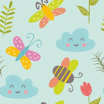 Colorful seamless pattern with funny bees, butterflies and clouds. Background Stock Illustration