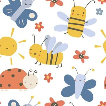 Colorful seamless pattern with funny bees, butterflies and clouds. Background Illustrazione stock
