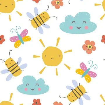 Colorful seamless pattern with funny bees, butterflies and clouds. Background 스톡 일러스트