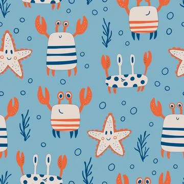 Colorful seamless pattern with funny starfish, crabs and algae. Background with 库存插图