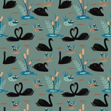 Colorful seamless pattern with gorgeous wild black swans floating on the lake Stock Illustration
