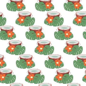 Colorful seamless pattern of half a fresh coconut with flower and monstera 스톡 일러스트