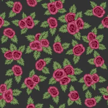 Colorful seamless pattern. Hand drawn red roses on dark background. Retro design Stock Illustration