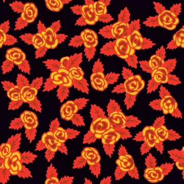 Colorful seamless pattern. Hand drawn yellow roses on dark background. Khokhloma Stock Illustration