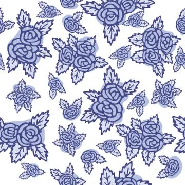 Colorful seamless pattern. Hand drawn blue roses on white background. Vintage Stock Illustration
