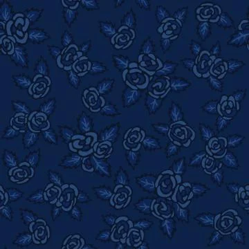 Colorful seamless pattern. Hand drawn navy-blue roses on dark-blue background Stock Illustration