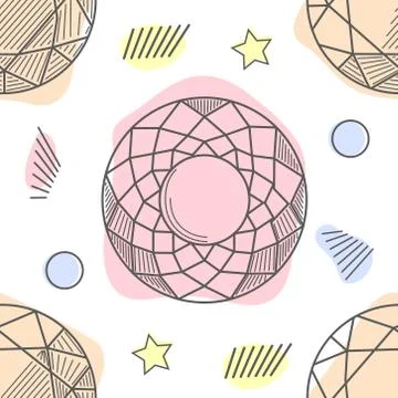 Colorful seamless pattern with hand drawn crystals and gems in pink, lilac to Stock Illustration