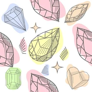 Colorful seamless pattern with hand drawn crystals and gems in pink, lilac to Stock Illustration