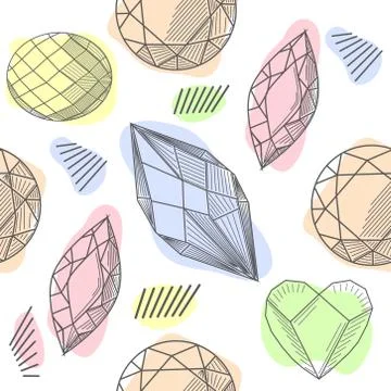 Colorful seamless pattern with hand drawn crystals and gems in pink, lilac to Stock Illustration