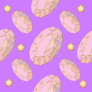Colorful seamless pattern with hand drawn crystals and gems in pink, lilac to Stock Illustration