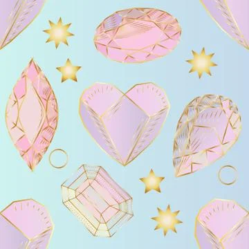 Colorful seamless pattern with hand drawn crystals and gems in pink, lilac to Stock Illustration
