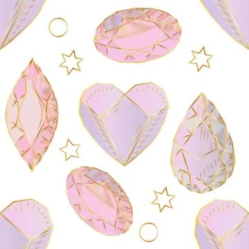 Colorful seamless pattern with hand drawn crystals and gems in pink, lilac to Stock Illustration