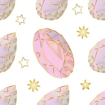 Colorful seamless pattern with hand drawn crystals and gems in pink, lilac to Stock Illustration