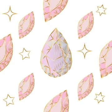 Colorful seamless pattern with hand drawn crystals and gems in pink, lilac to Stock Illustration