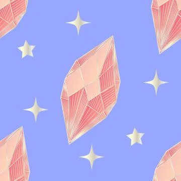 Colorful seamless pattern with hand drawn crystals and gems in pink, lilac to Stock Illustration