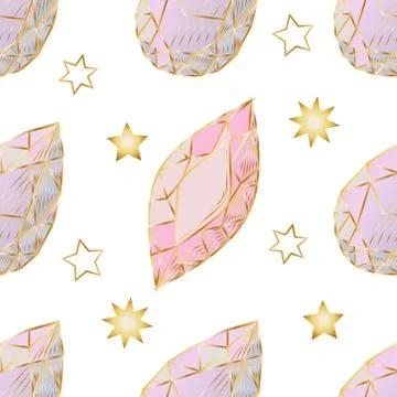 Colorful seamless pattern with hand drawn crystals and gems in pink, lilac to Stock Illustration