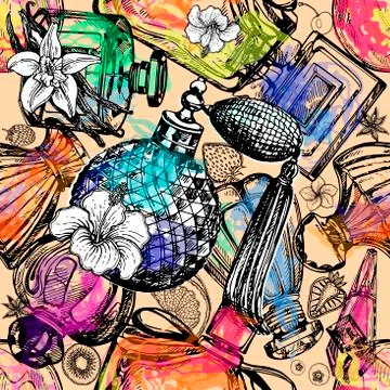 Colorful seamless pattern of hand drawn sketch style bottles of perfume and p Stock Illustration