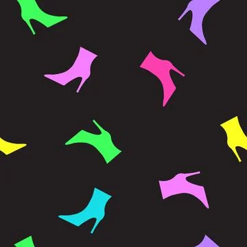 Colorful seamless pattern of High heels shoes, black background Stock Illustration