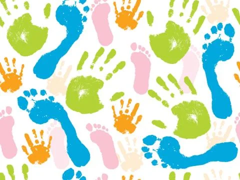 Colorful seamless pattern of the human palm of the hand and foot. Vector illu Illustrazione stock