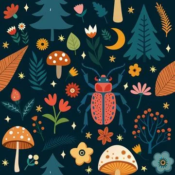 Colorful seamless pattern with insects and flowers. Stock Illustration