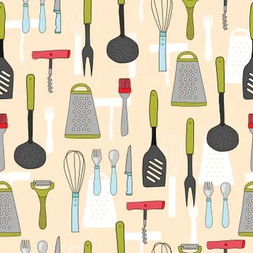 Colorful seamless pattern of kitchenware. Stock Illustration