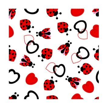 Colorful seamless pattern with ladybugs, and hearts. hand drawn. vector Stock Illustration
