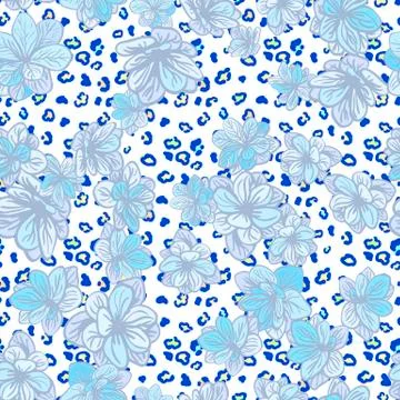 Colorful seamless pattern with leopard print and blue flowers Stock Illustration