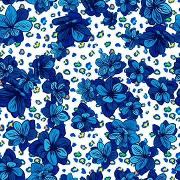 Colorful seamless pattern with leopard print and blue flowers Stock Illustration