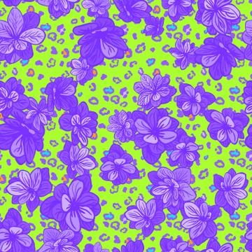 Colorful seamless pattern with leopard print and blue flowers Stock Illustration