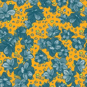 Colorful seamless pattern with leopard print and blue flowers Illustrazione stock
