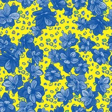 Colorful seamless pattern with leopard print and blue flowers Illustrazione stock