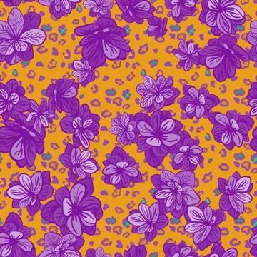 Colorful seamless pattern with leopard print and blue flowers Stock Illustration