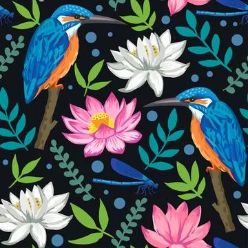 Colorful seamless pattern with lotus flowers and kingfisher. Vector hand drawn Stock Illustration