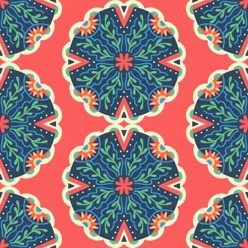 Colorful seamless pattern with Mandala. Round symmetrical decorative orname.. Stock Illustration
